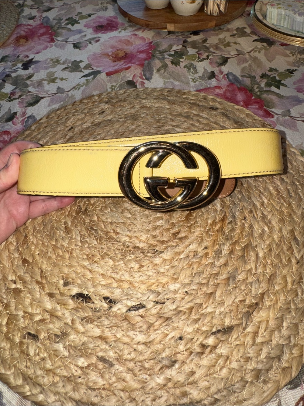 Gucci Yellow Leather Belt with Gold Double G Buckle